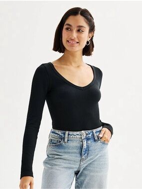 SO Black Ribbed Scoop Neck Long Sleeve Bodysuit